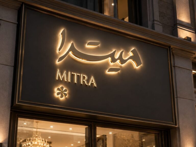 واجهة محل MITRA بحروف بارزة ذهبية بإضاءة خلفية