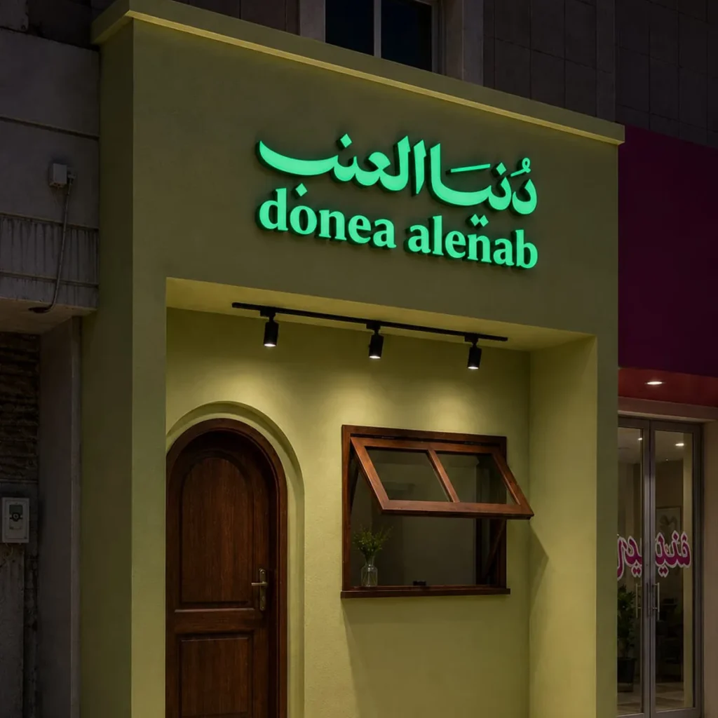 حروف بارزة زنكور بوجه بلاستيك مضيء بحواف ملوّنة — لوحات محلات جازان