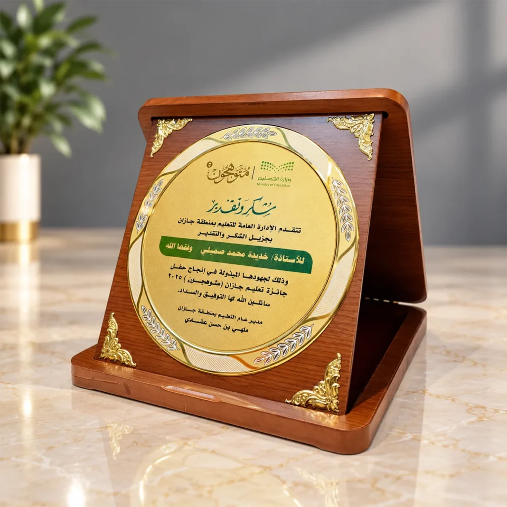 درع تكريم خشبي مطبوع عليه شعار جهة حكومية وعبارة شكر وتقدير — تنفيذ الروائع الفنية جازان
